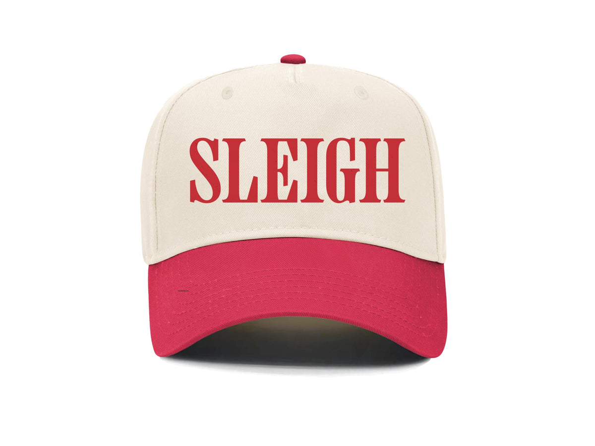 Sleigh embroidered two-tone snapback hat, natural front with red brim and red lettering