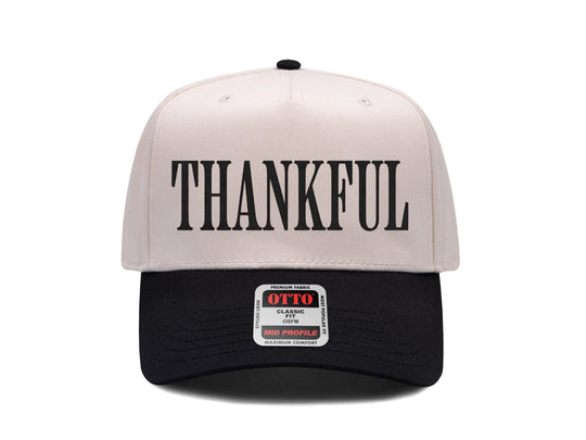 Thankful embroidered two-tone snapback hat, natural front with black brim and black serif lettering