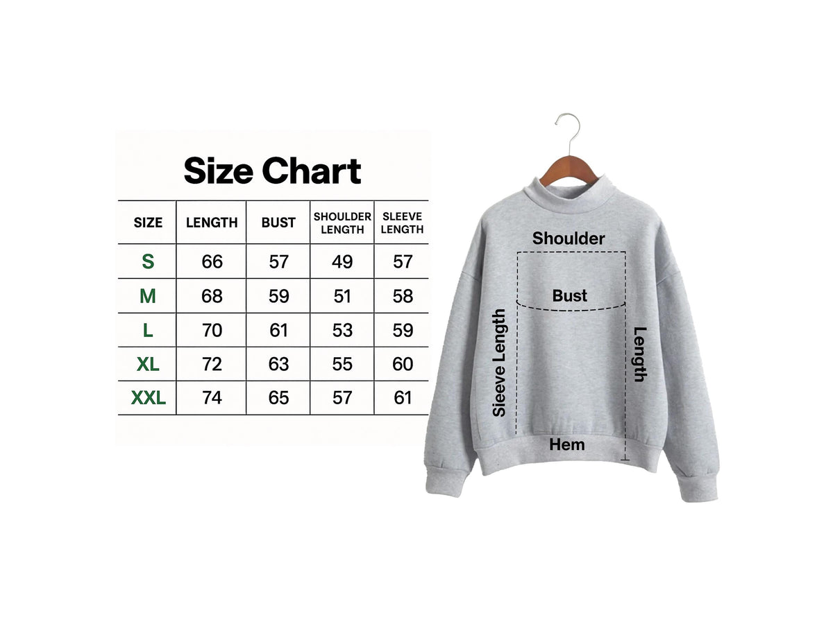 Mockneck sweatshirt size chart, small to XXL