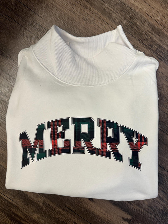 White mockneck sweatshirt with MERRY in red and green plaid varsity letters, folded flat