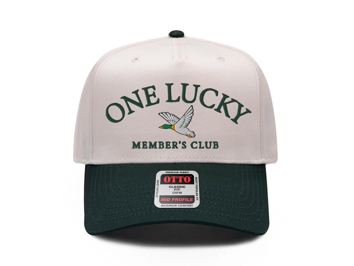 One Lucky Member's Club embroidered snapback hat with mallard duck, natural front with green brim