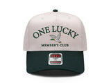One Lucky Member's Club embroidered snapback hat with mallard duck, natural front with green brim