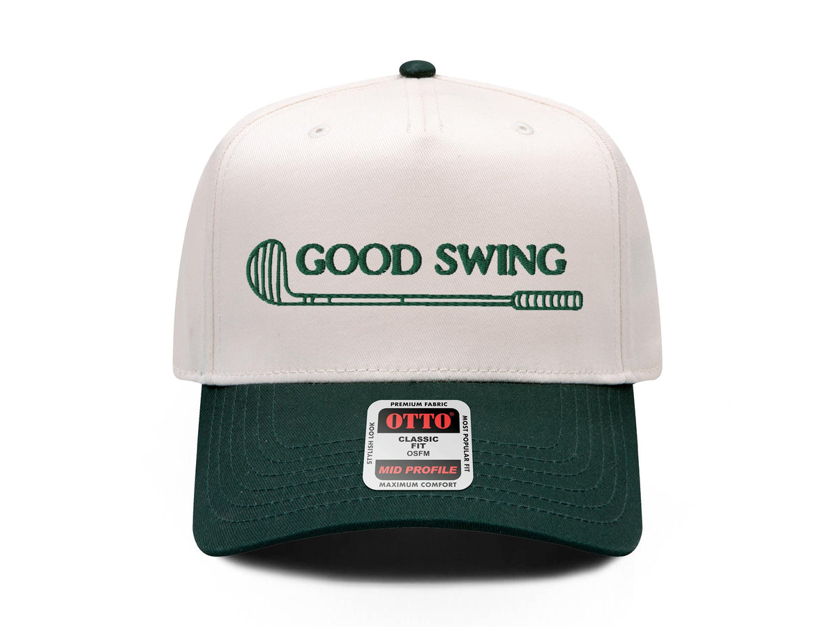 Good Swing golf embroidered snapback hat, natural front with green brim and green lettering with golf club