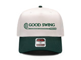 Good Swing golf embroidered snapback hat, natural front with green brim and green lettering with golf club