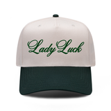 Lady Luck embroidered hat in Dark Green / Natural, front view.