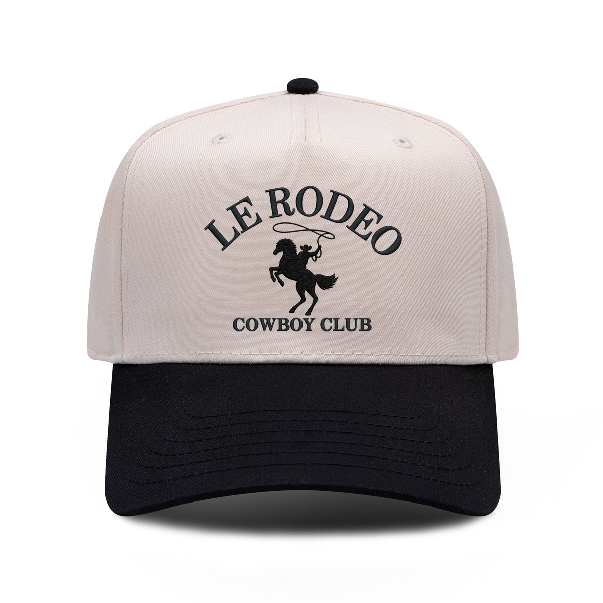Le Rodeo Cowboy Club embroidered hat in black and natural, front view