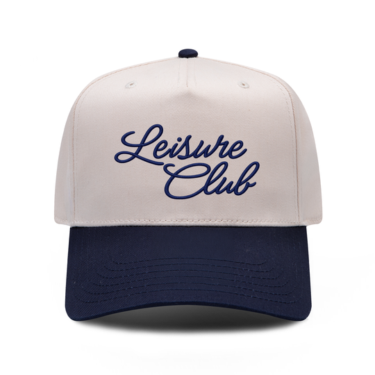 Leisure Club embroidered hat in Navy / Natural, front view.