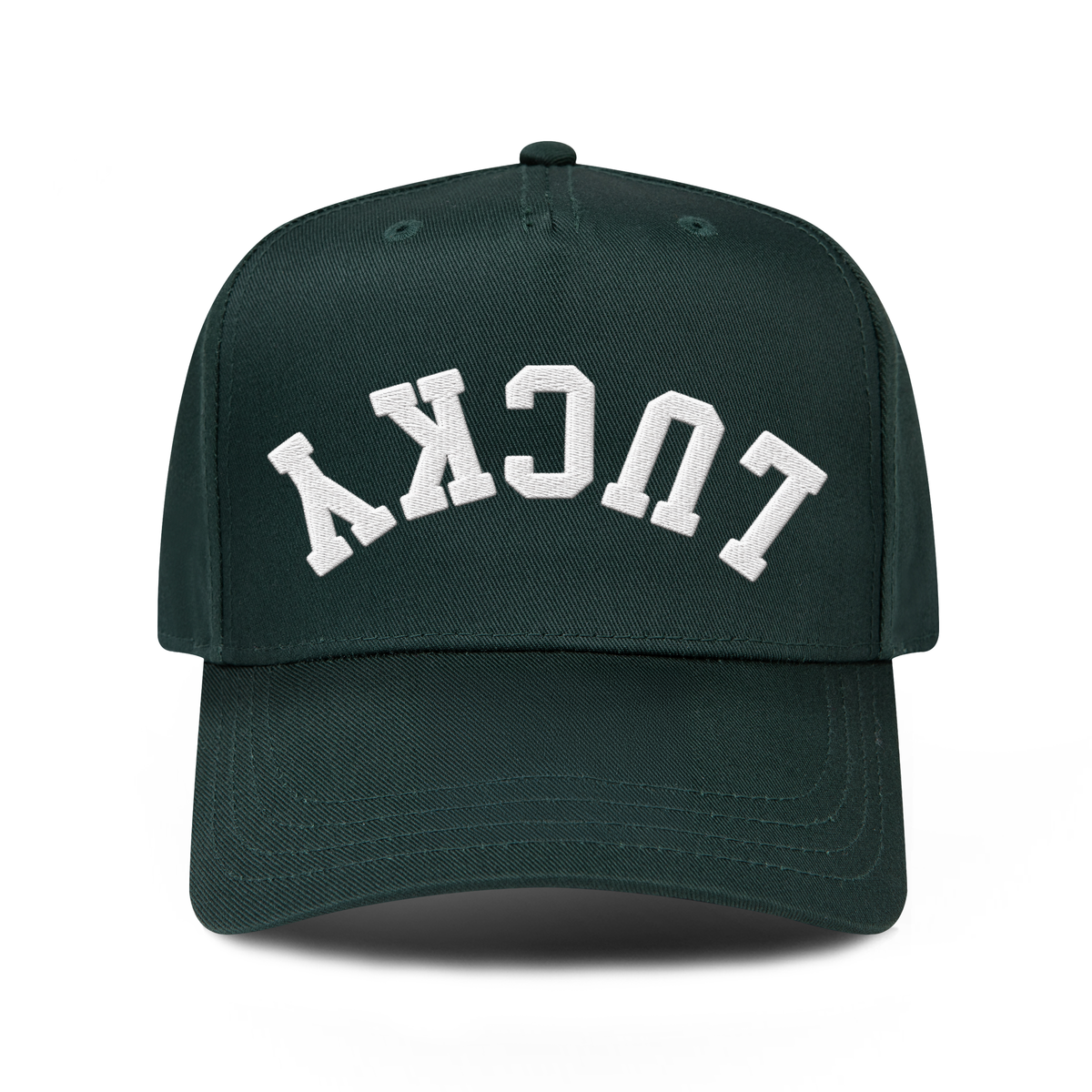 LUCKY Upside Down embroidered hat in Dark Green, front view.