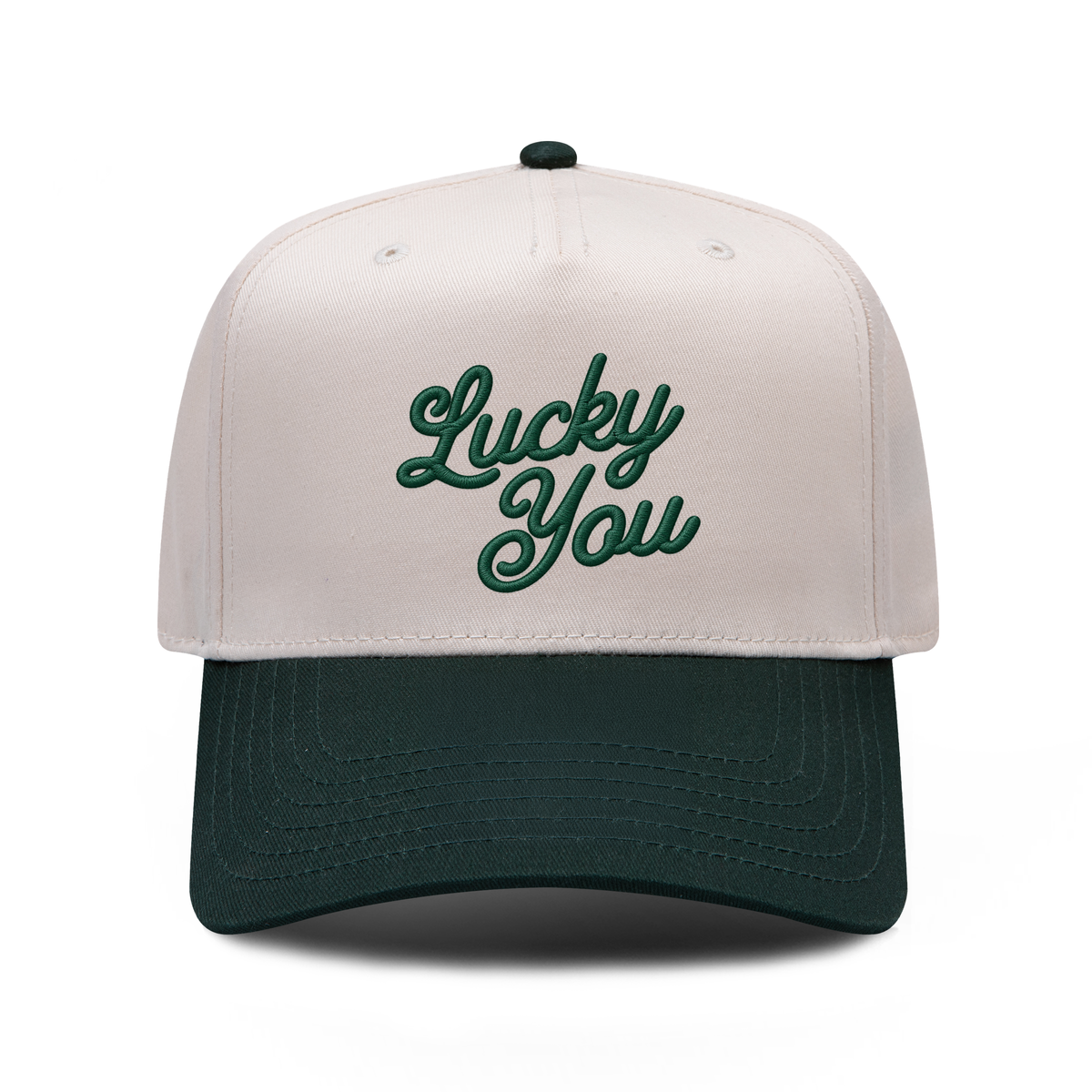 Lucky You embroidered hat in Dark Green / Natural, front view.