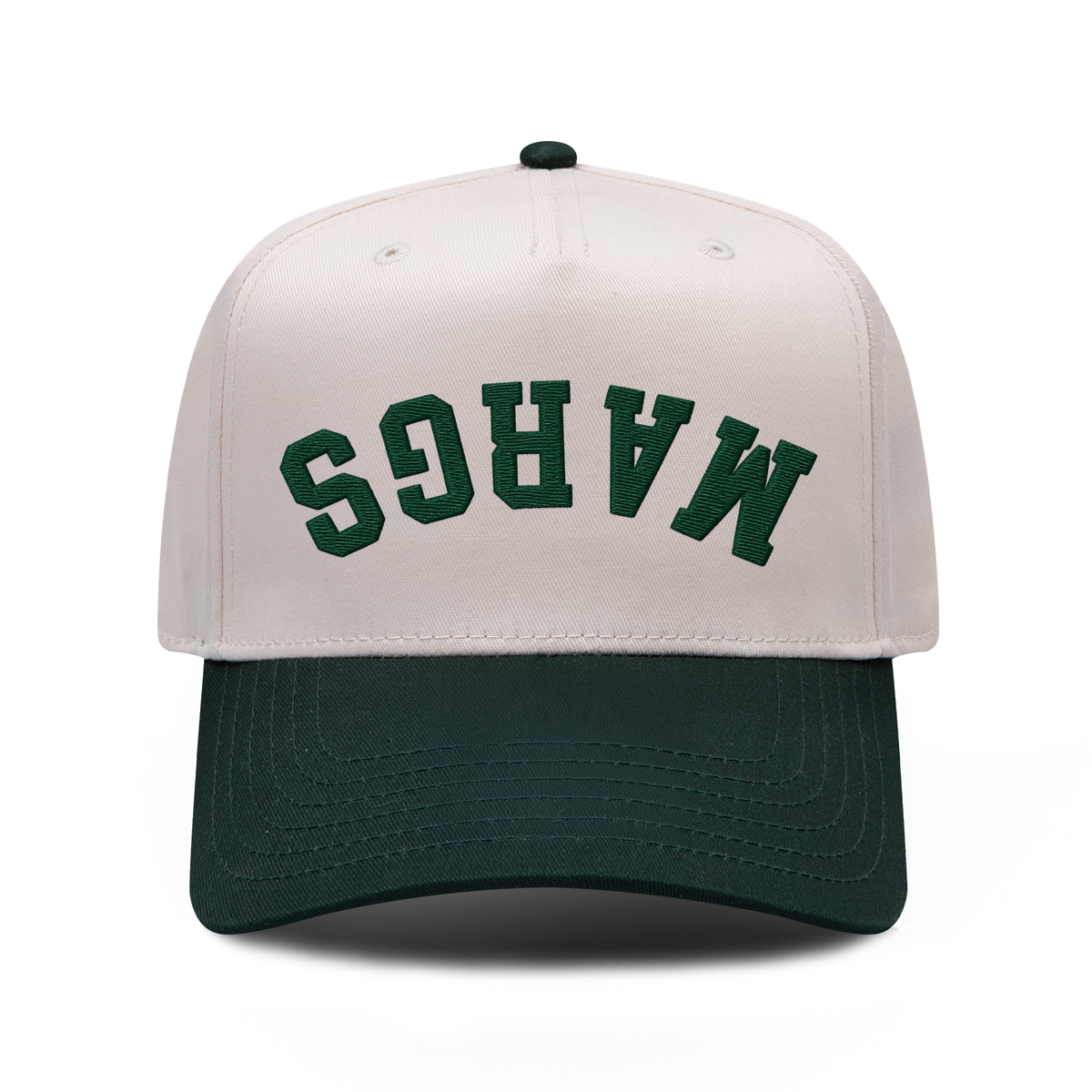 MARGS Upside Down embroidered hat in Dark Green / Natural, front view.