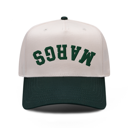MARGS Upside Down embroidered hat in Dark Green / Natural, front view.