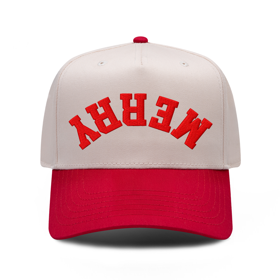 MERRY Upside Down embroidered hat in Red / Natural, front view.