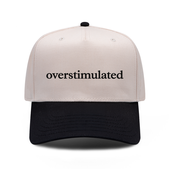 overstimulated embroidered hat in black and natural, front view
