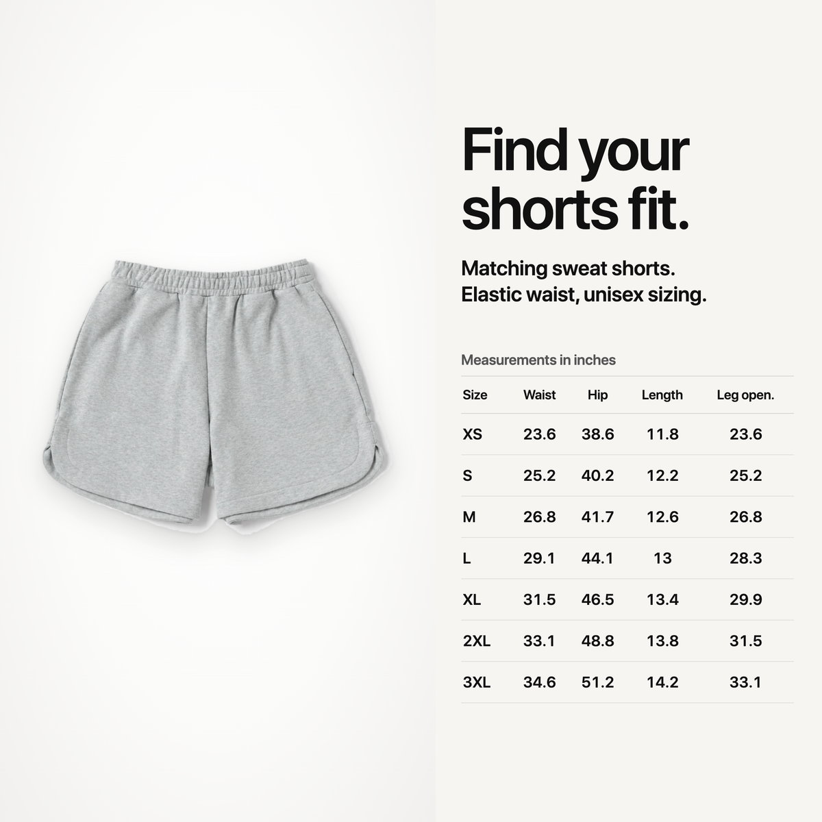 Shorts size chart in inches: XS to 3XL waist, hip, length, leg opening