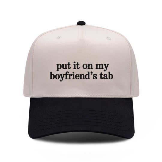 Put it on my boyfriend's tab embroidered hat in black and natural, front view