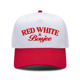 RED WHITE and Boujee embroidered hat in Red / White, front view.