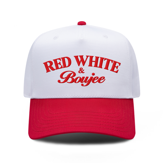 RED WHITE and Boujee embroidered hat in Red / White, front view.