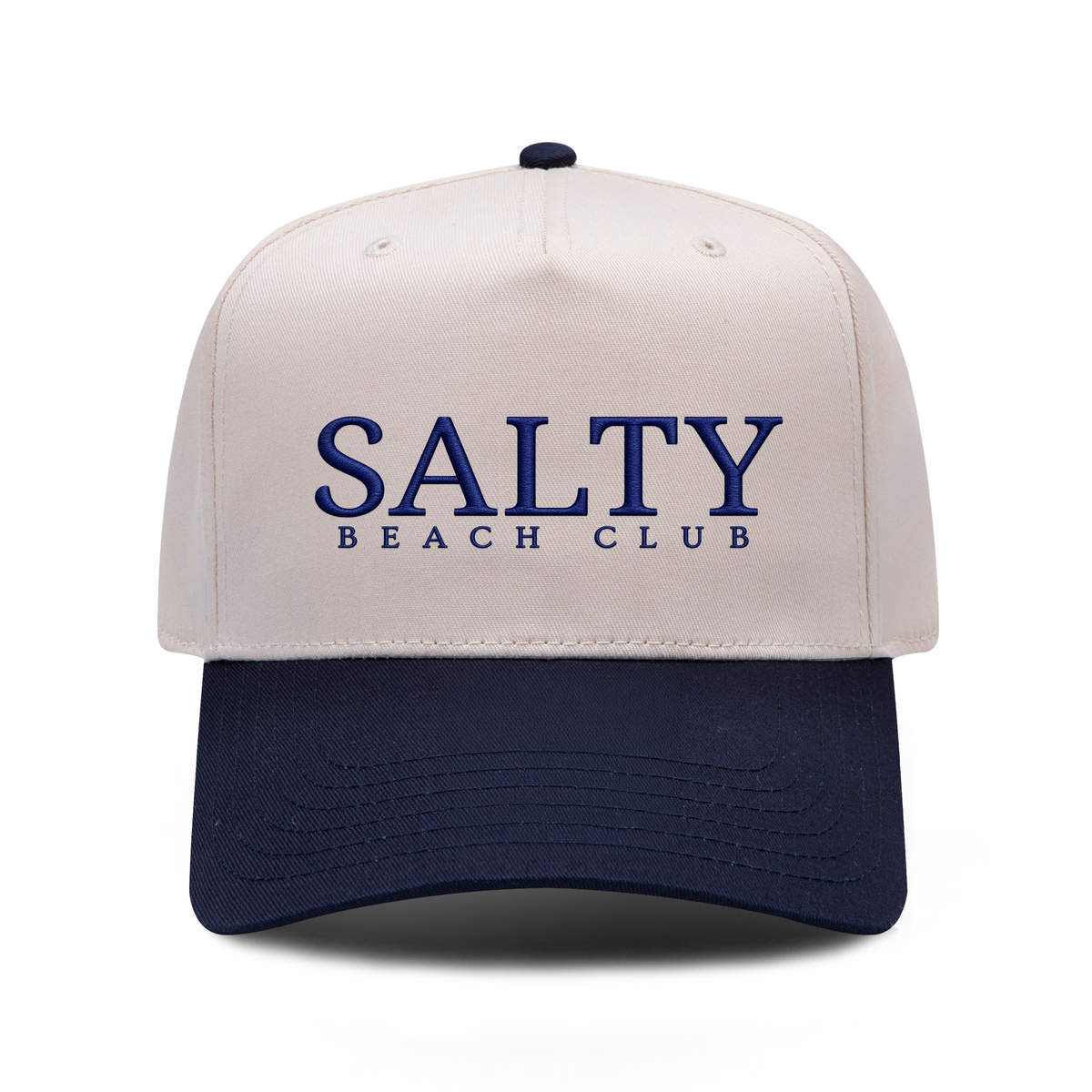 Salty Beach Club embroidered hat in Navy / Natural, front view.