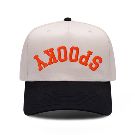 SPOOKY Upside Down embroidered hat in black and natural, front view