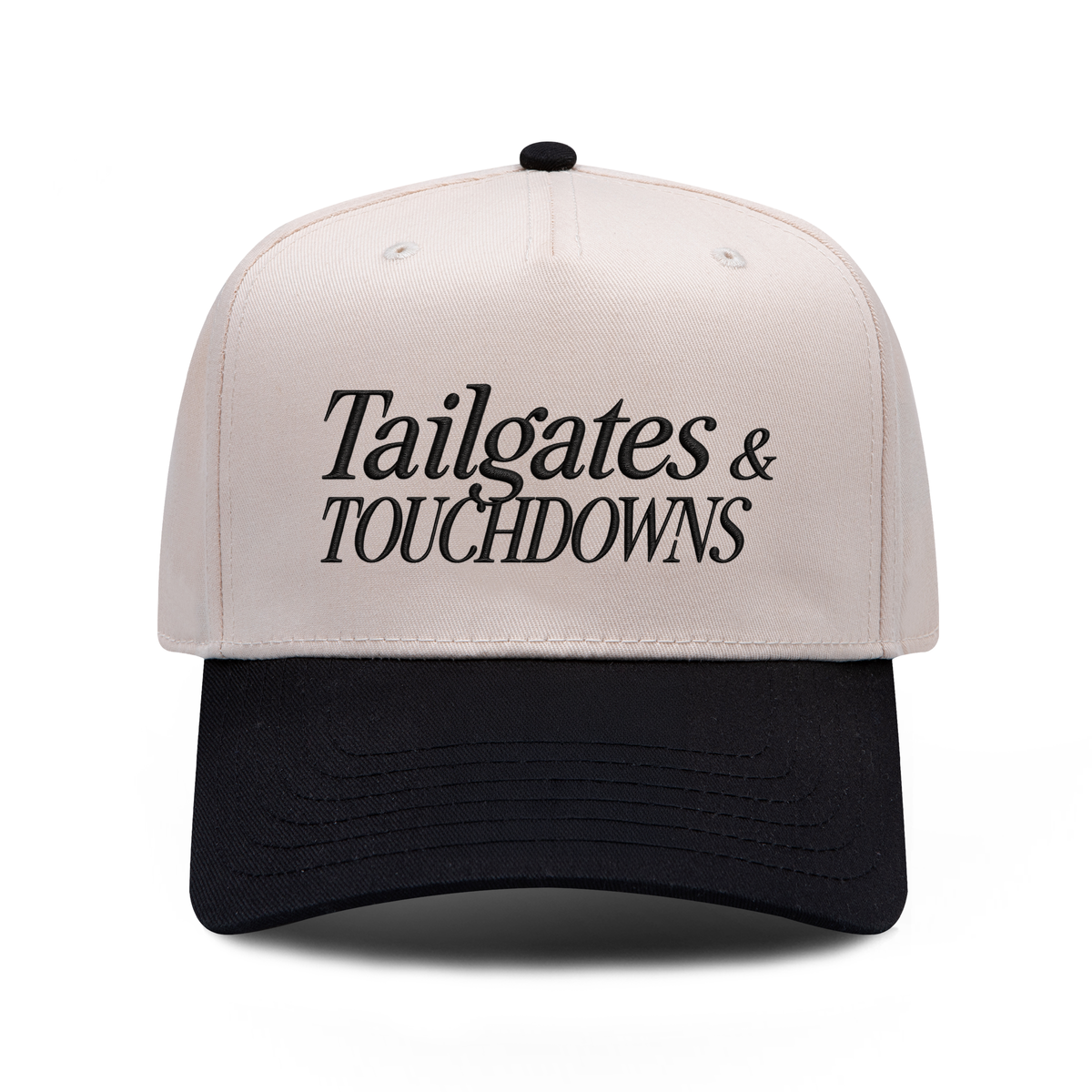 Tailgates and TOUCHDOWNS embroidered hat in black and natural, front view