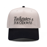 Tailgates and TOUCHDOWNS embroidered hat in black and natural, front view