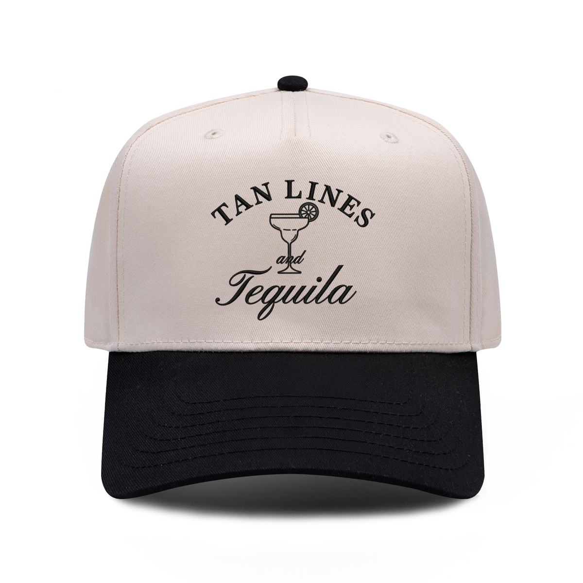 Tan Lines and Tequila embroidered hat in black and natural, front view