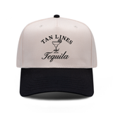 Tan Lines and Tequila embroidered hat in black and natural, front view