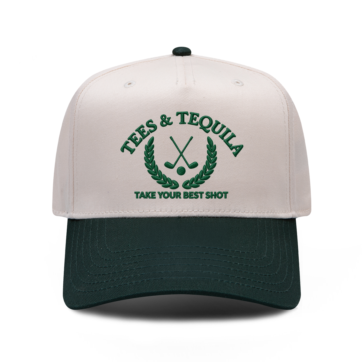 Tees And Tequila embroidered hat in Dark Green / Natural, front view.