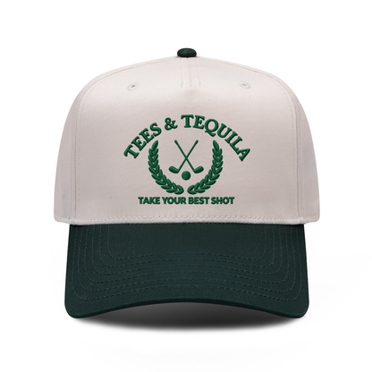 Tees And Tequila embroidered hat in Dark Green / Natural, front view.